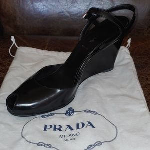 Prada Black Patent Leather Small Peep-toe Wedge
